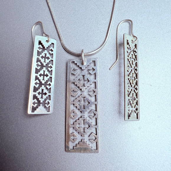 Native American Southwestern Motif Cutout Sterling Silver Earrings Necklace Set - Picture 2 of 7